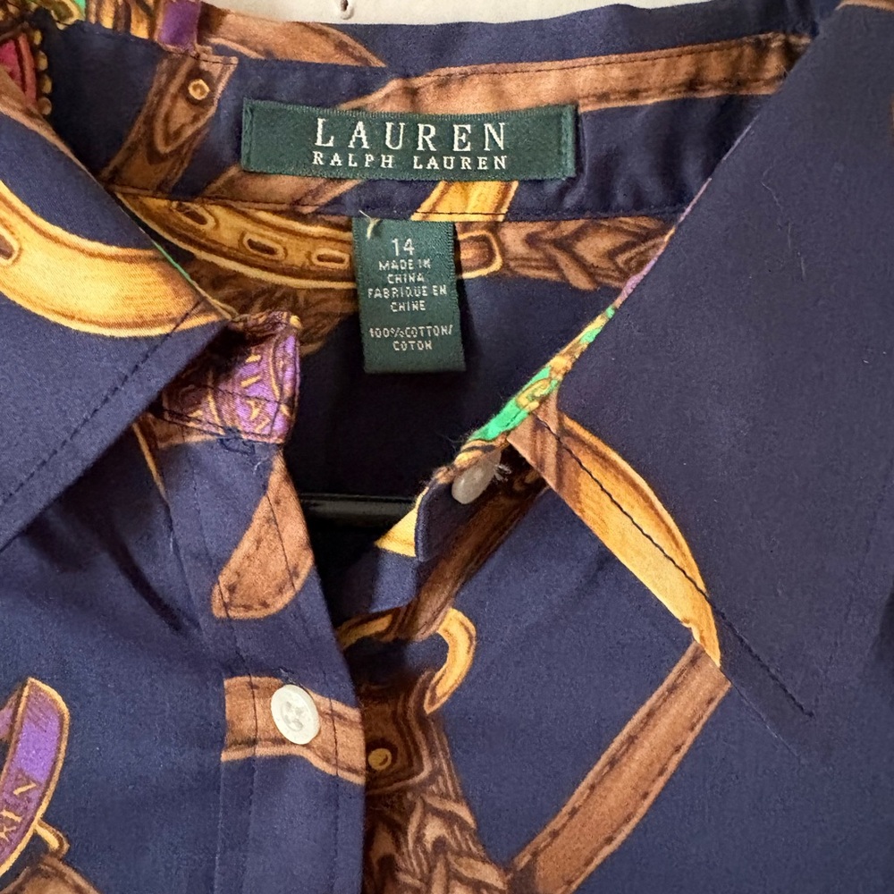 Ralph Lauren Equestrian Navy Gold Chain-Print Peplum Button-Down Shirt - Picture 4 of 7